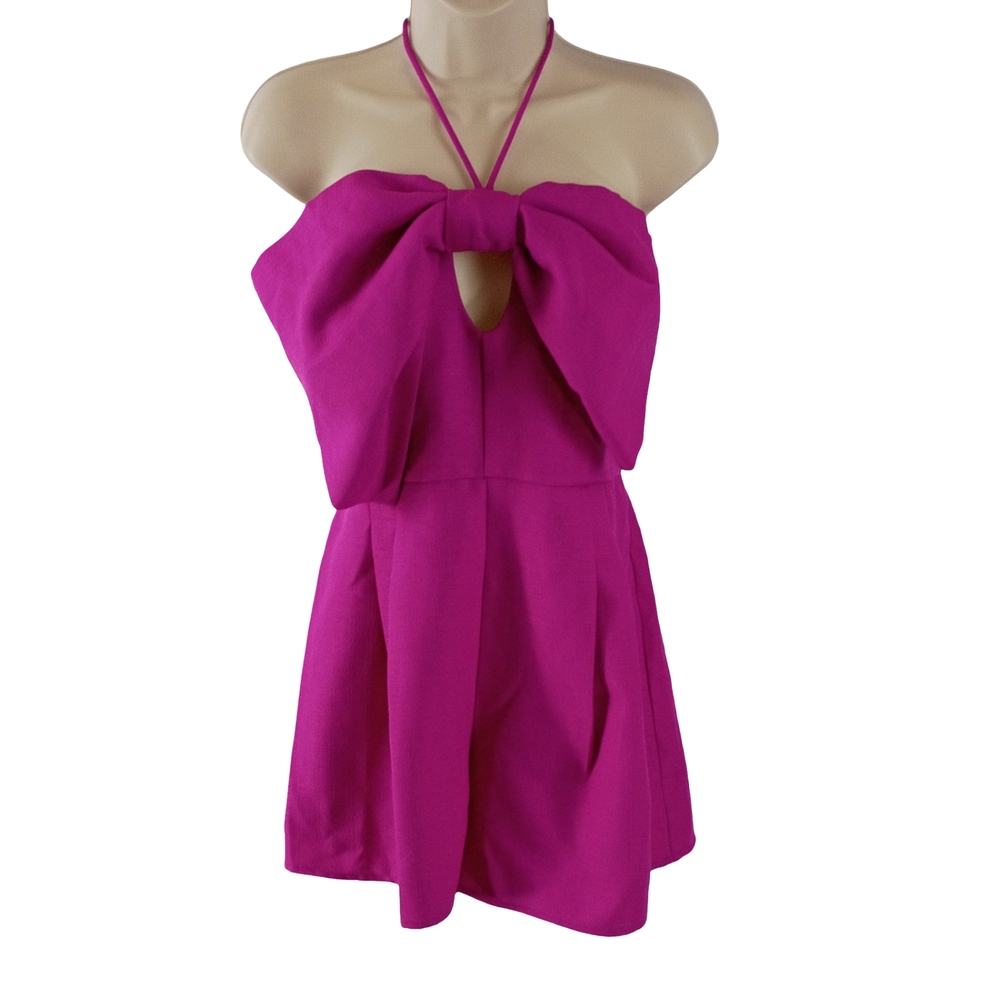 Glam Fuchsia Halter Romper Dress with Bow Accent